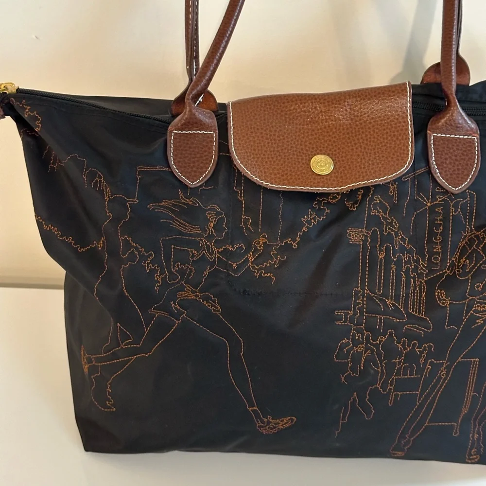 limited-edition Longchamp Le Pliage embroidered tote bag black and brown - Picture 1 of 12
